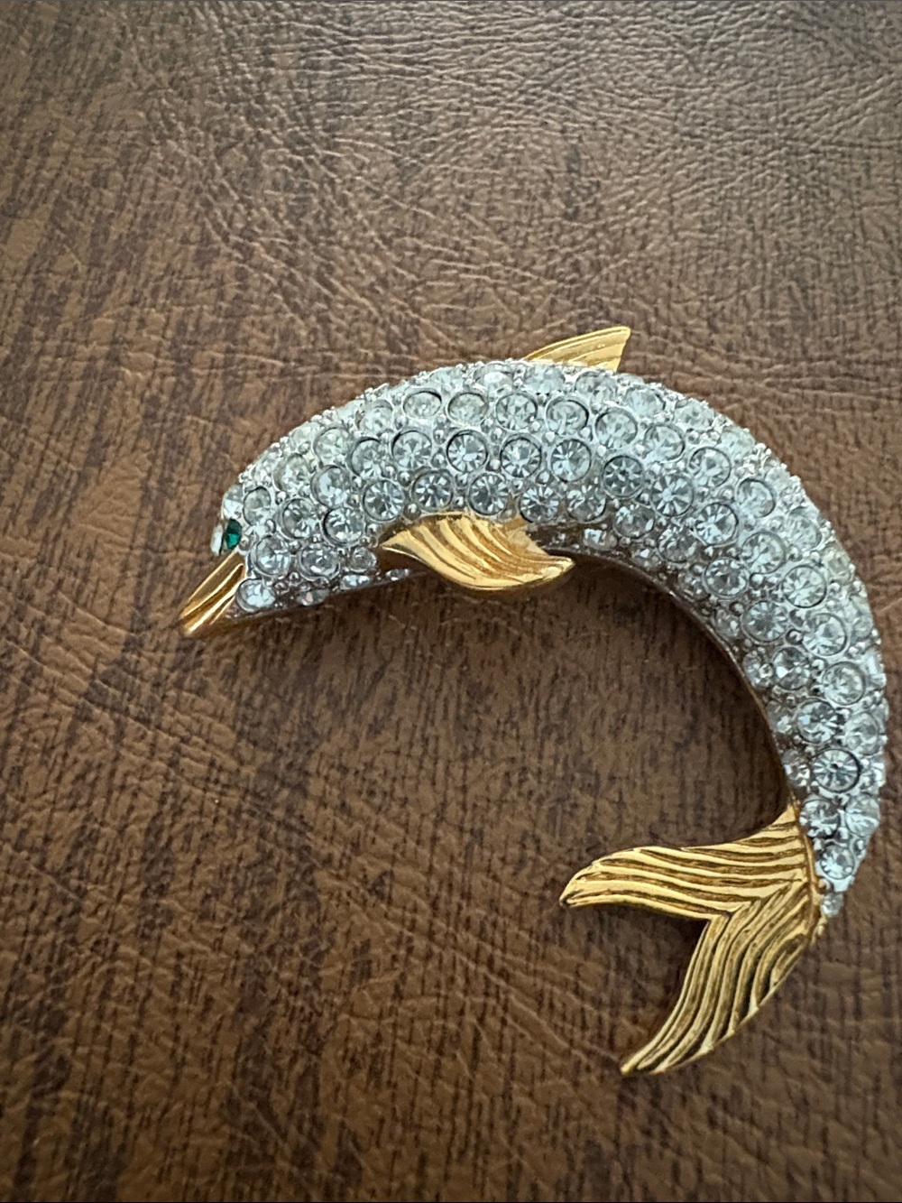 Gold and Silver Crystal Dolphin Fish Brooch - Sparkling Accent